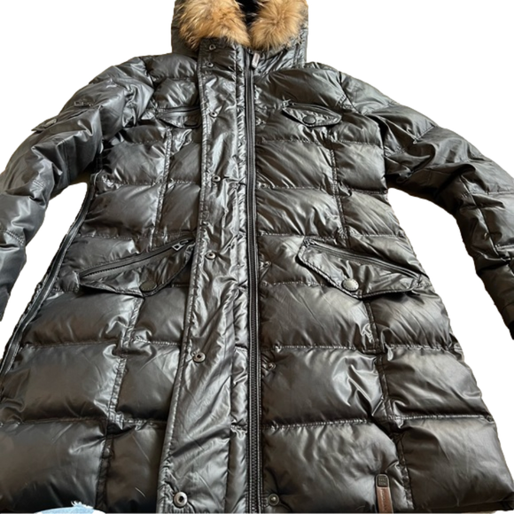 RUDSAK Mid Length Black Puffer Winter Coat Fur Hood Leather Trim - Picture 2 of 14